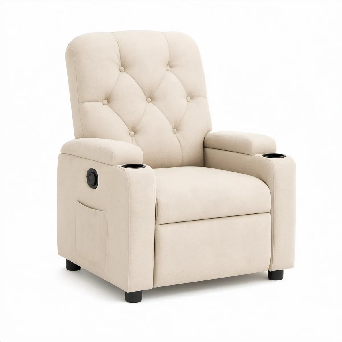 Poltrona Reclinável Manual 90 x 96 x 104 cm em Poliéster Bege com Porta-copos Pretos