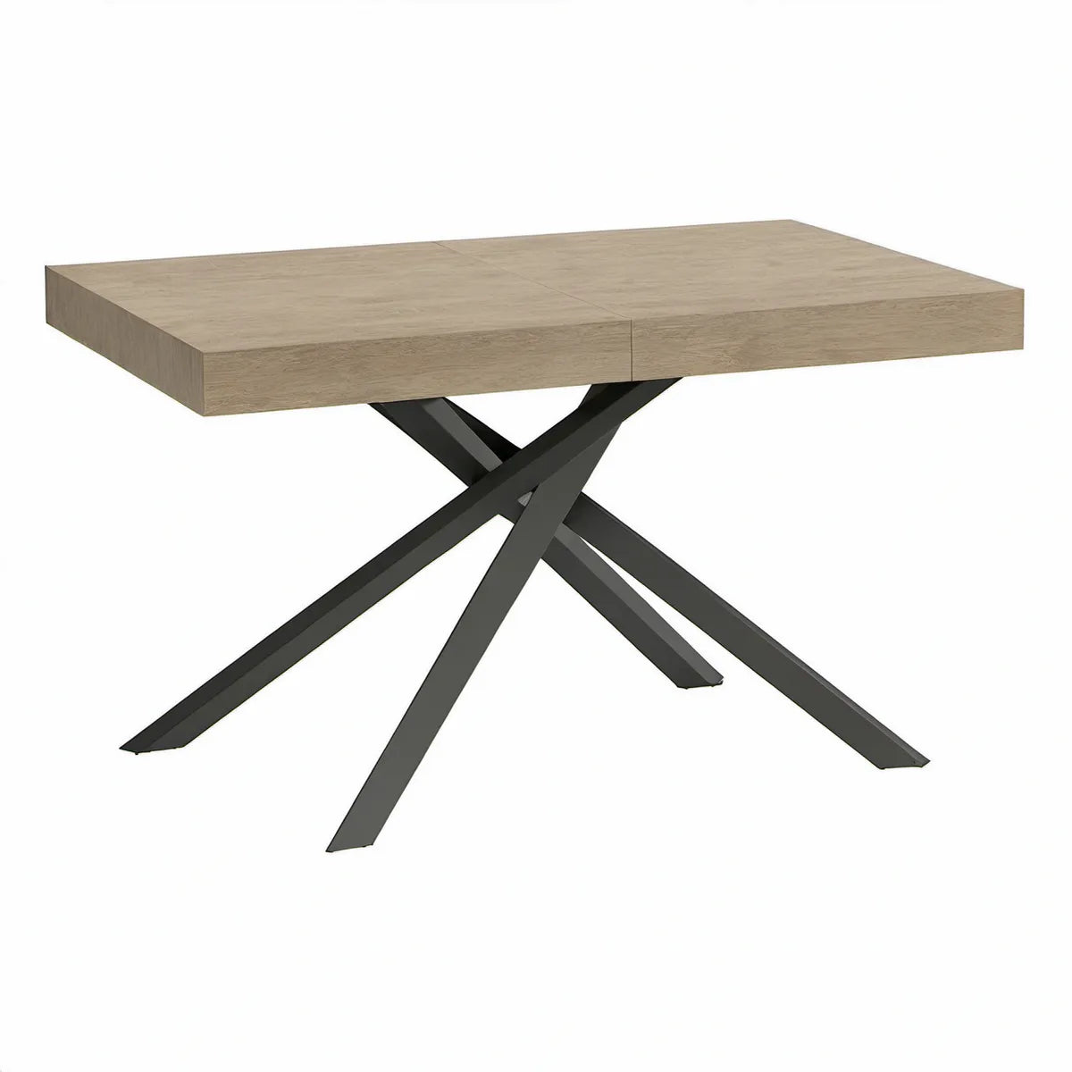 Mesa de jantar extensível retangular em aglomerado efeito carvalho claro e aço preto, 160–200 x 90 x 76 cm