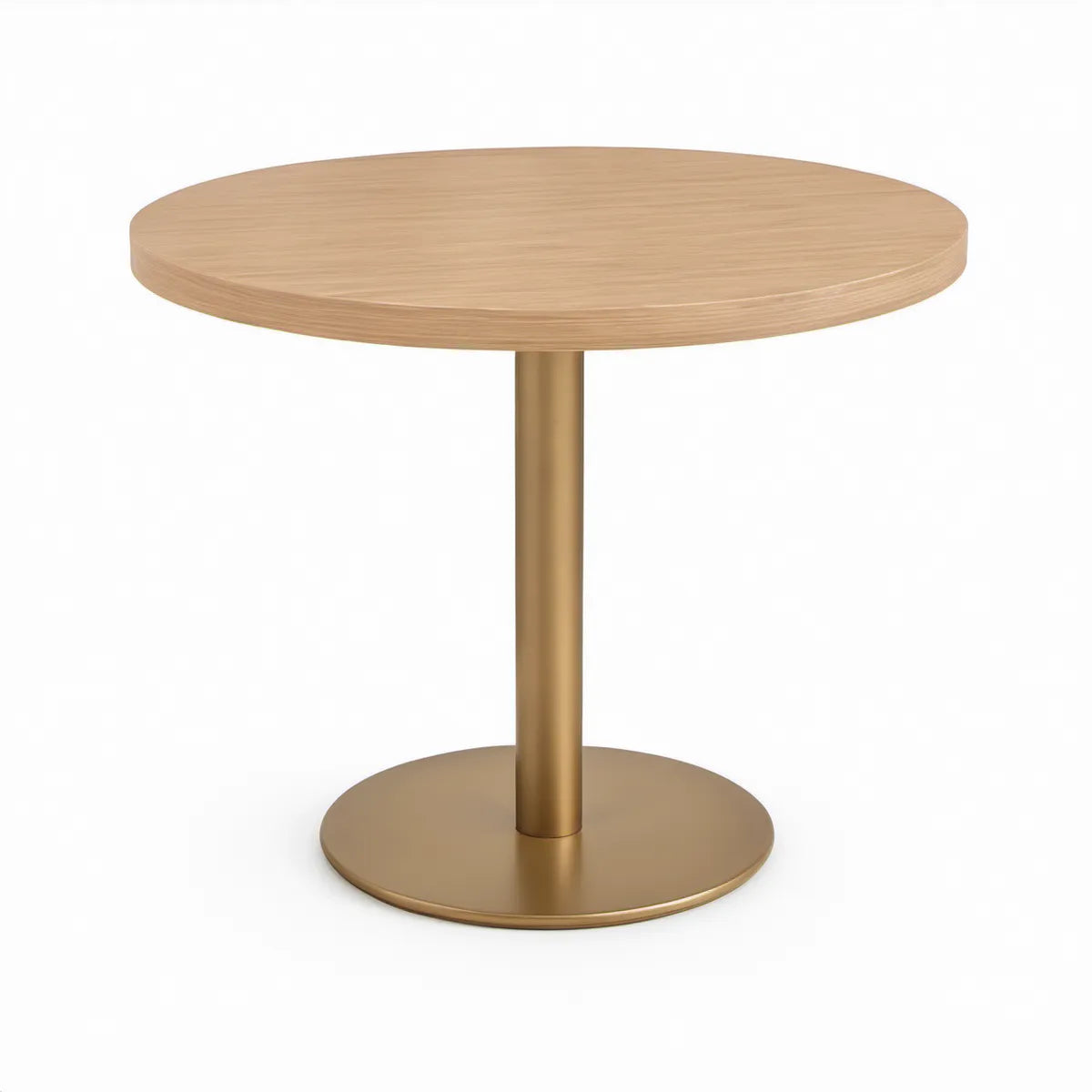 Mesa Redonda 80 x 75 cm em MDF Folheado a Carvalho Claro com Base em Aço Dourado