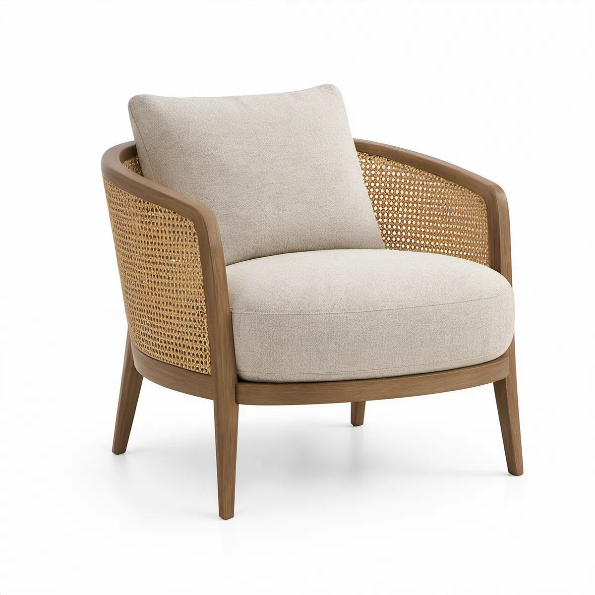 Poltrona com Braços Arredondados em Madeira Maciça, Palhinha de Rattan e Poliéster Bege 74 x 76 x 78 cm