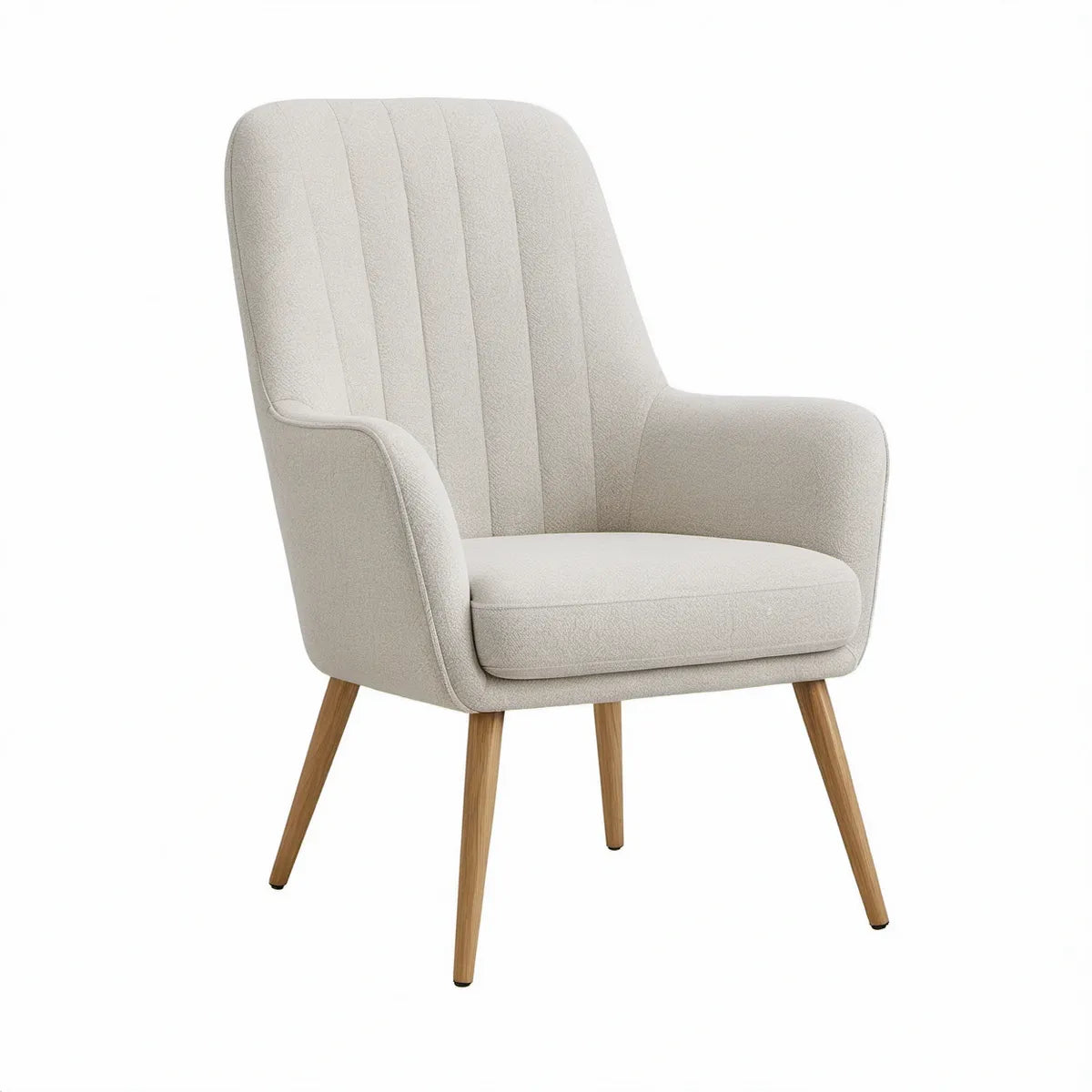 Poltrona Estofada com Braços em Bouclé Bege e Pernas em Madeira Natural, 68 x 75 x 92 cm