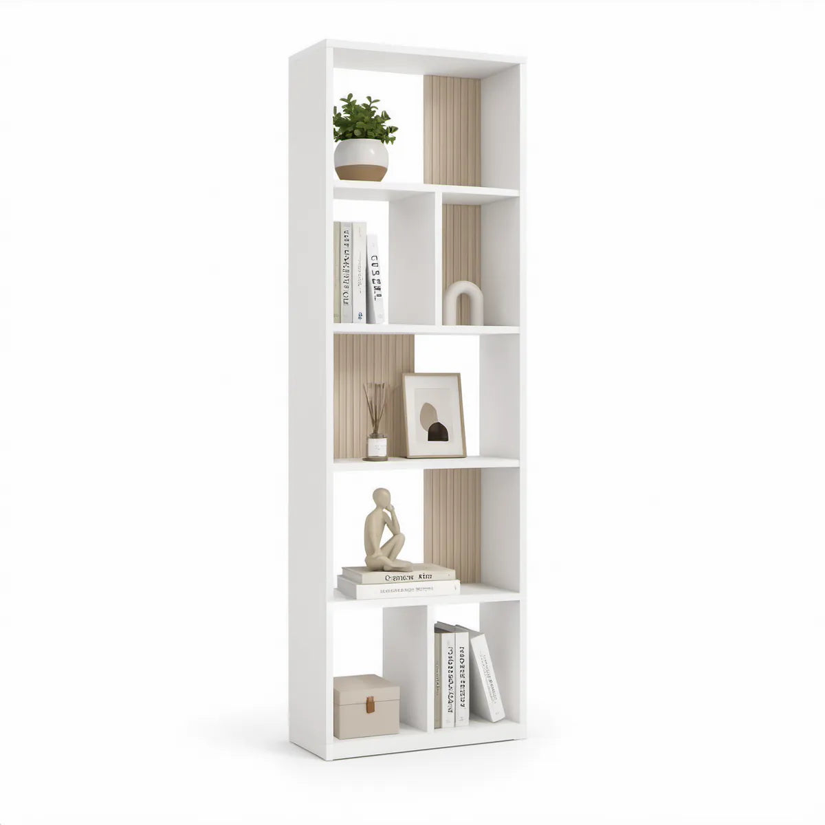 Estante em MDF Branco e Carvalho Claro com 10 Nichos, 60 x 24 x 180 cm
