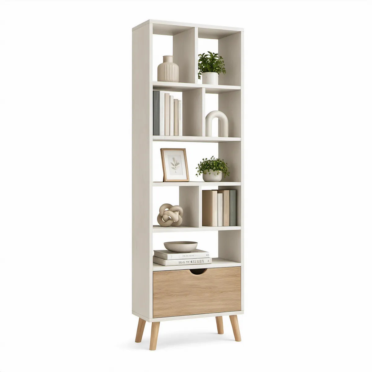 Estante Vertical com Gaveta 60 x 30 x 180 cm em Branco e Carvalho Claro